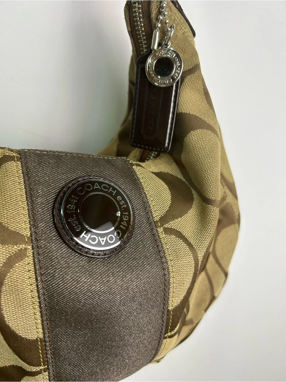 Y2K Coach Monogram Canvas Shoulder Bag in Khaki and Brown Hobo Style
